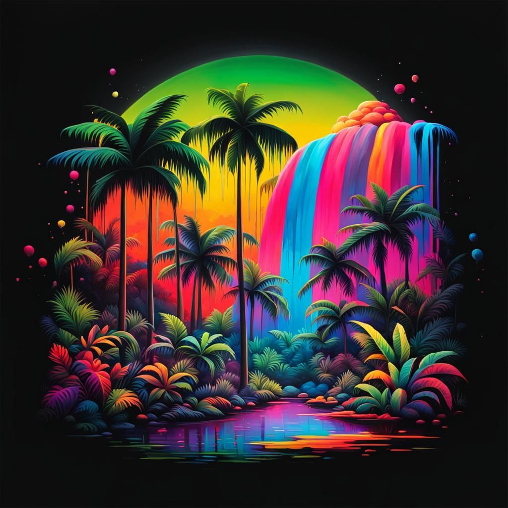 RAINBOW COLORED TROPICAL DREAMSCAPE (JUNGLE )AT PITCH BLACK ...