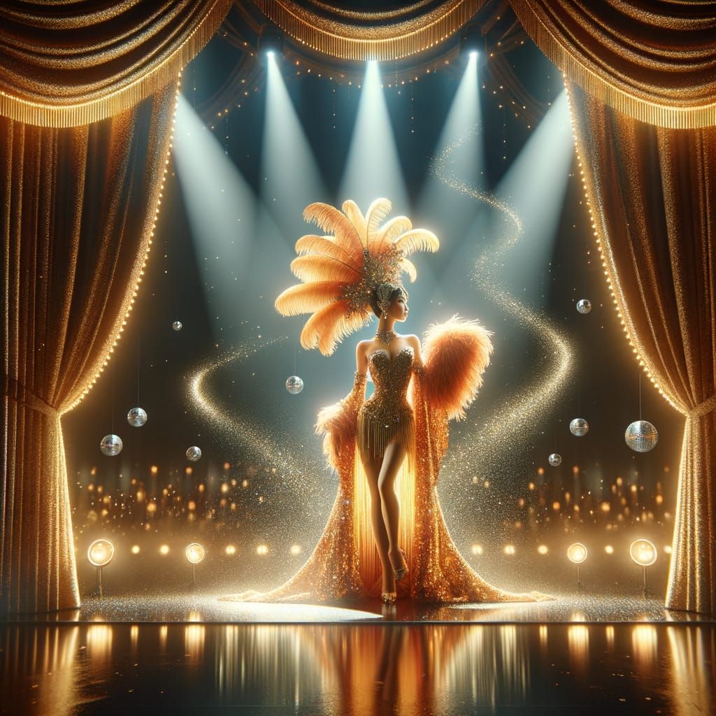 A dazzling cabaret showgirl, grand stage under radiant spotlights, adorned in a towering feathered headdress ...  by @morr5750