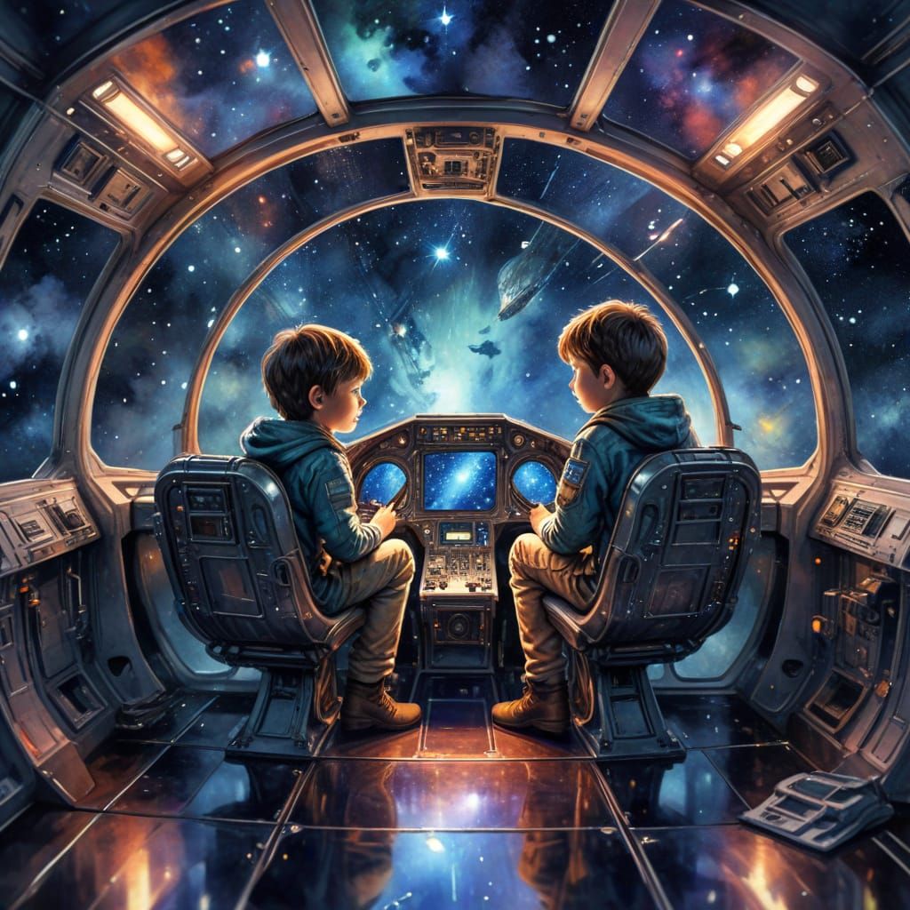 Children in Spaceship Gazing at Stars, Watercolor Style