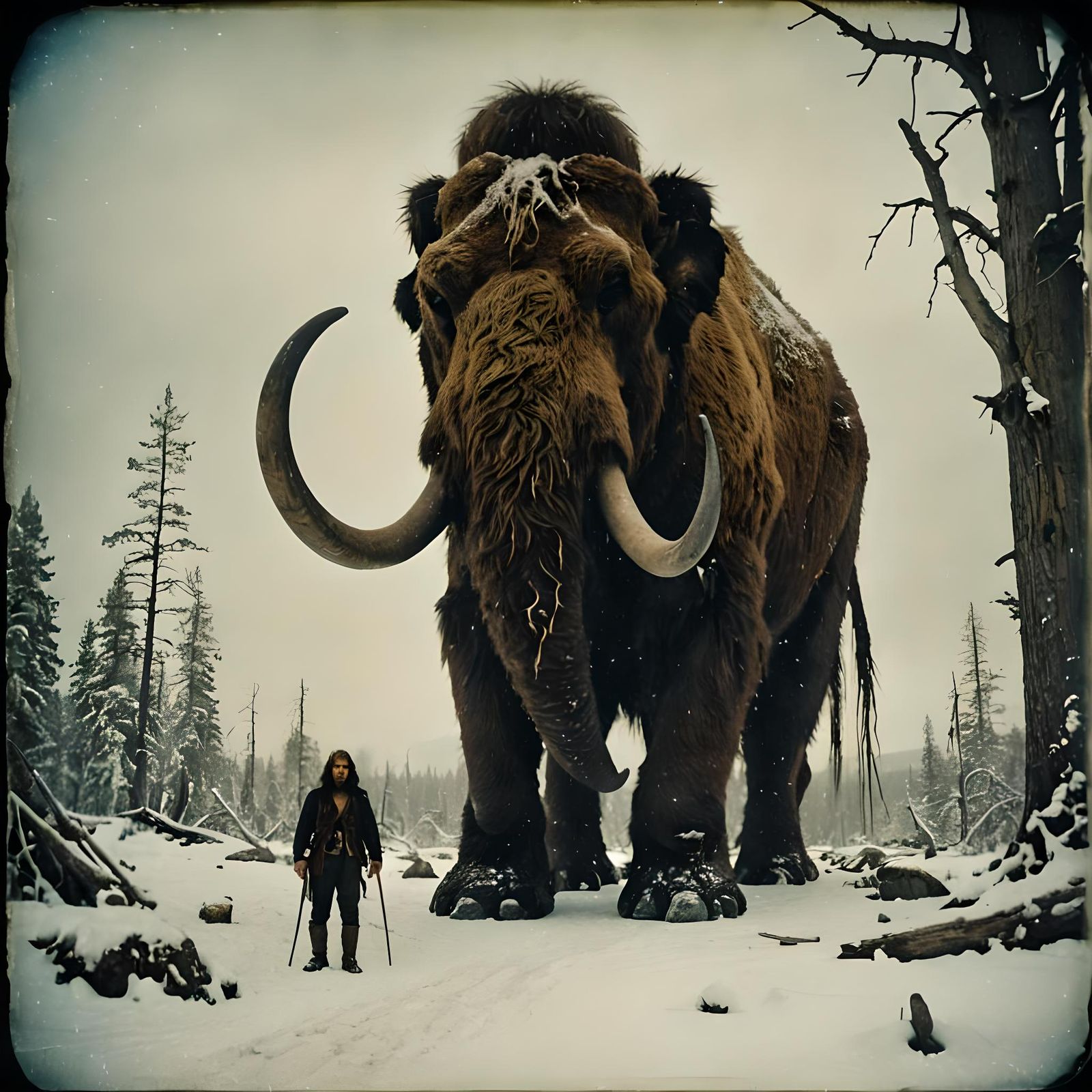 Tintype photo of Neanderthal Bob & his pet Woolly Mammoth Franky  by @lawrencelot