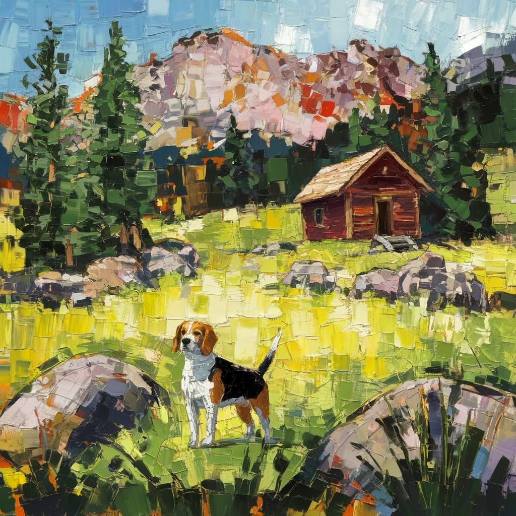 Vibrant Brushstrokes Capture a Beagle in Idyllic Meadow
