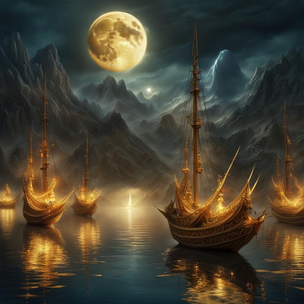 When the moon's silent soothing tears
releasing the nights hidden pain,
Then peace blows. In golden boats
The ...  by @Machine