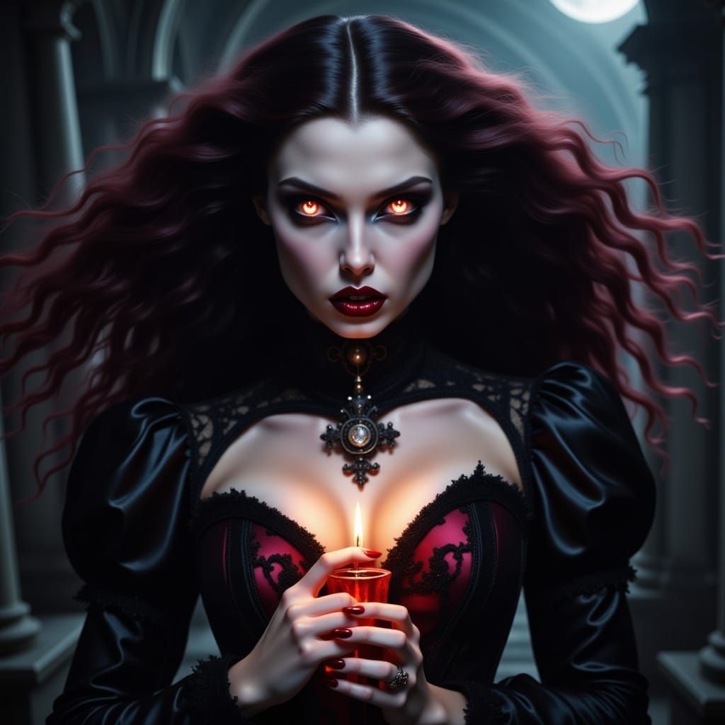 <lora:Flux Vampiress:1.0> Beautiful female vampire warrior, glowing expressive eyes