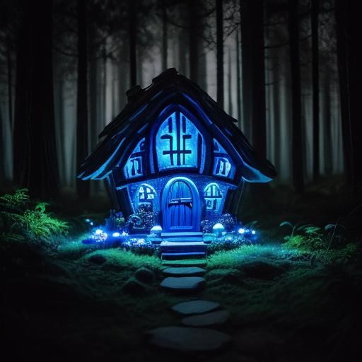 Enchanted Fairy Mushroom House in Bioluminescent Forest