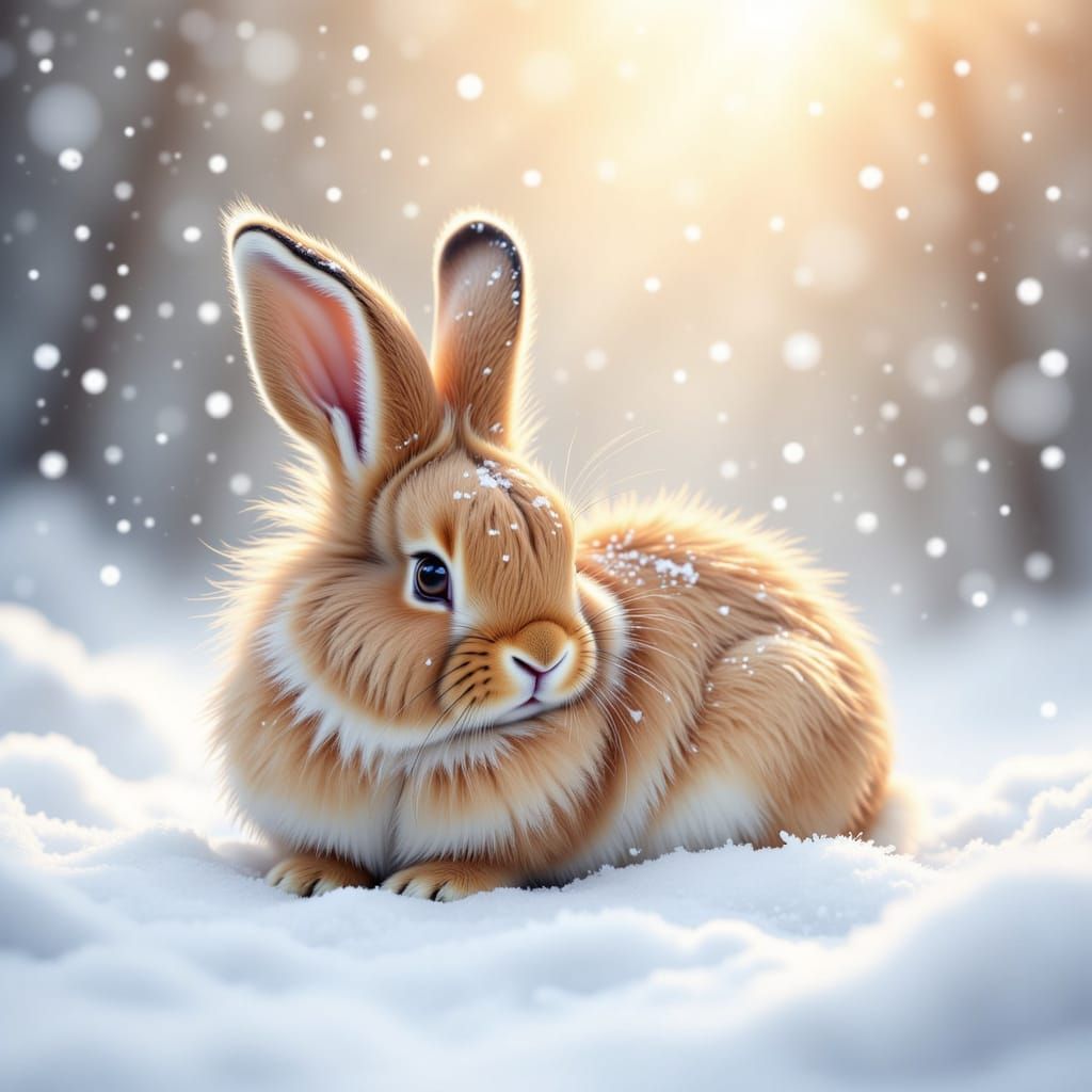 <lora:Cute Rabbits:1.0> ethereal watercolor. Medium shot. A cute baby rabbit with long fur cuddles in the snow. Many snow sprays fly in the...