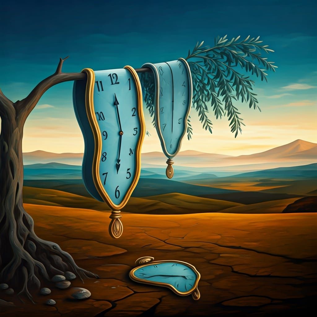 Melting clock hanging off an olive tree (Google Imagen 3.0 Fast)  by @Mak