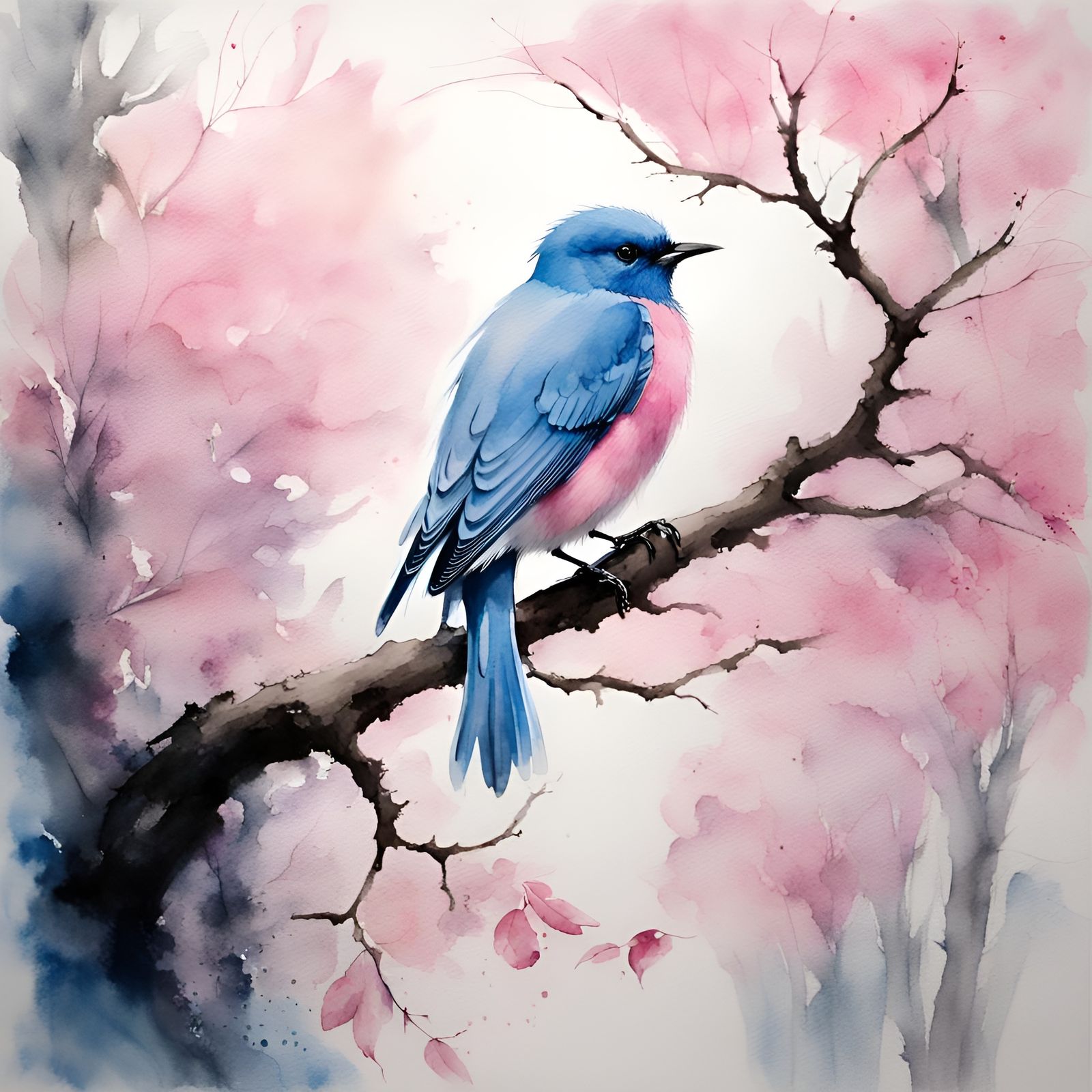 A water colour painting of a blue bird sat in a tree, pink leafs on the tree. High resolution. In the ...  by @Irene