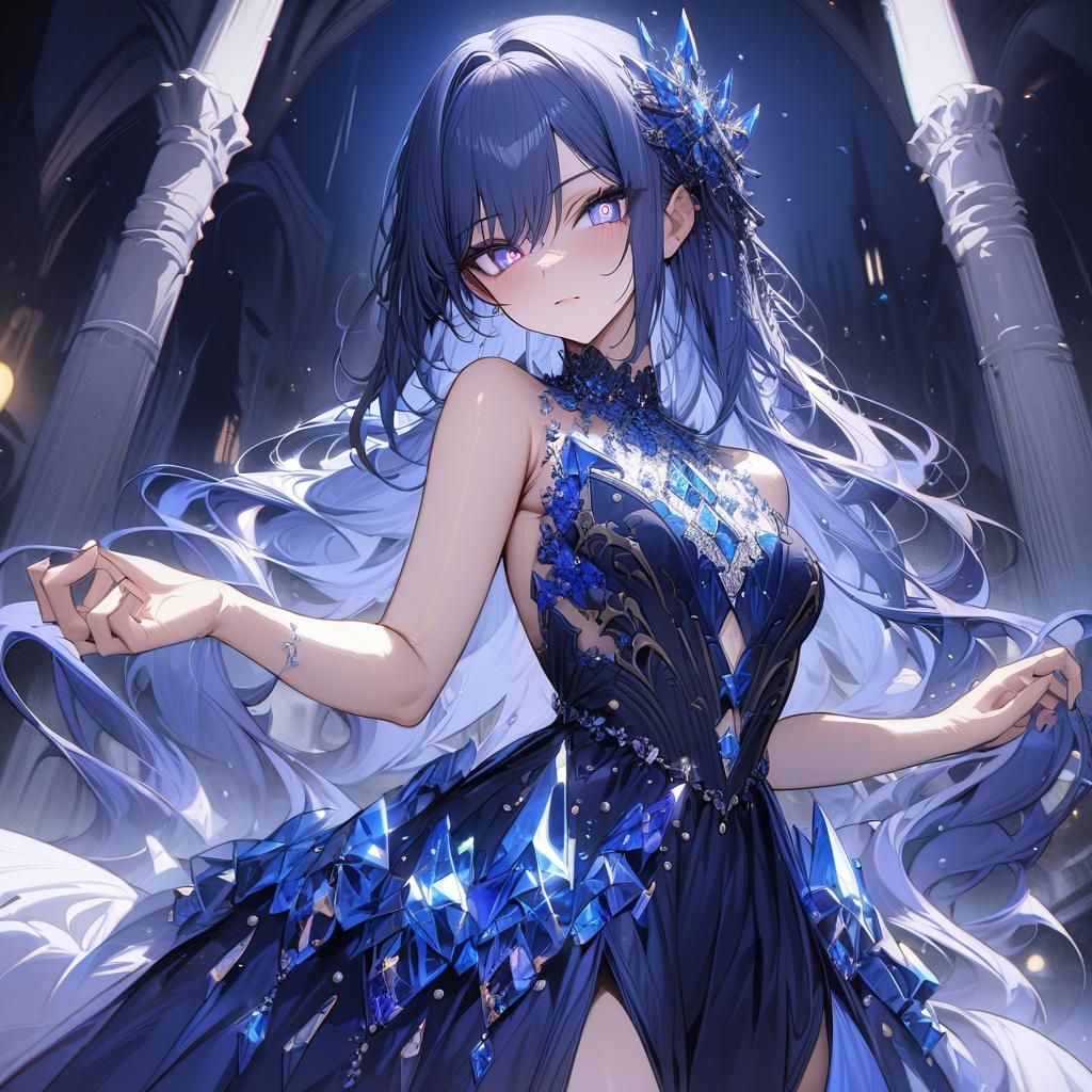 Midnight Blue Haired Girl in Crystal Dress