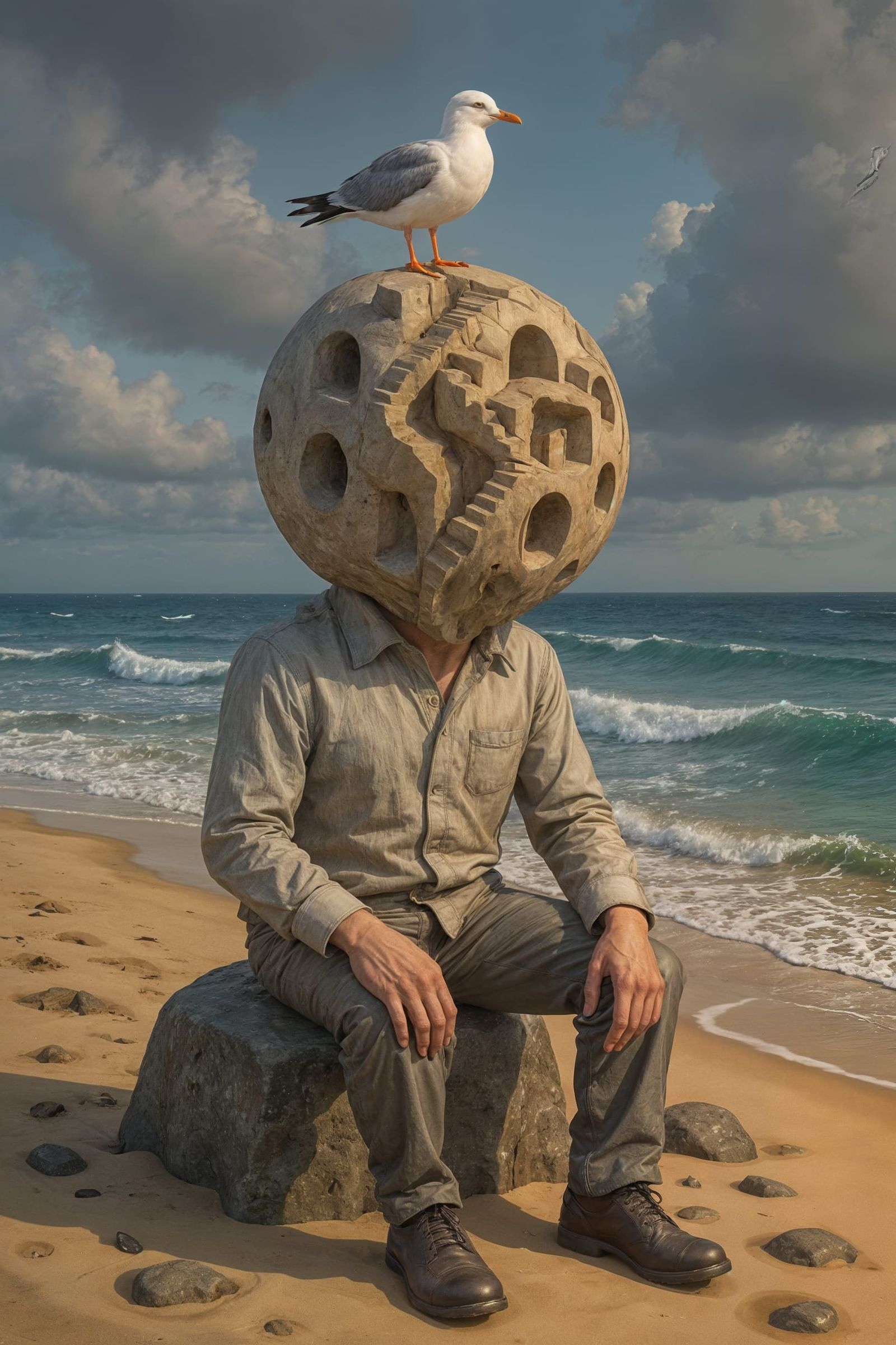 Surreal Figure on Beach Amidst Stormy Seas