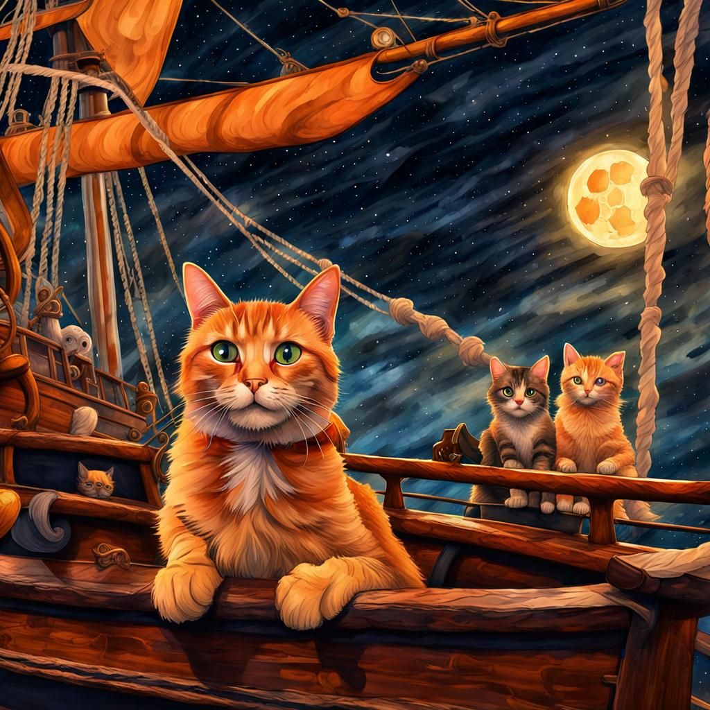 I want a orange tabby cat with a eye patch on a pirate ship ...