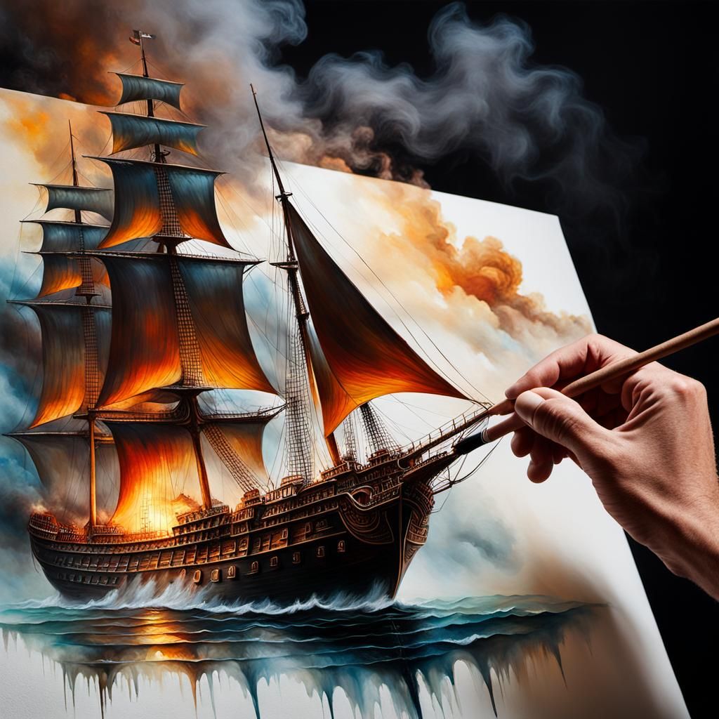 Ethereal Warship: Oil Painting with Delicate Brushstrokes