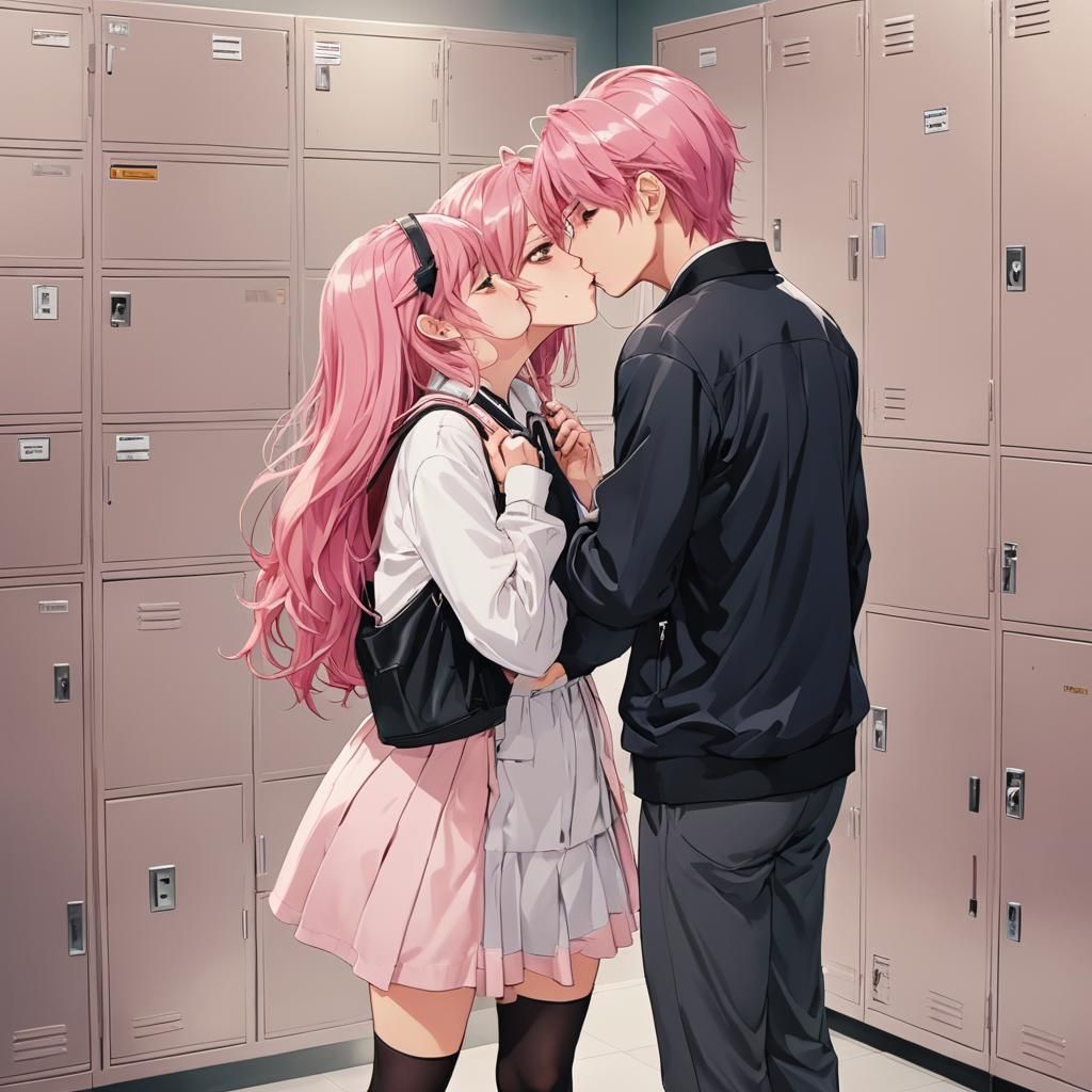 Girl with pink hair and boy with blond hair kissing beside s...