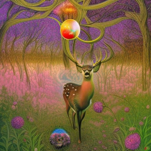 woman-deer hybrid on stargazing platform with rotating spher...