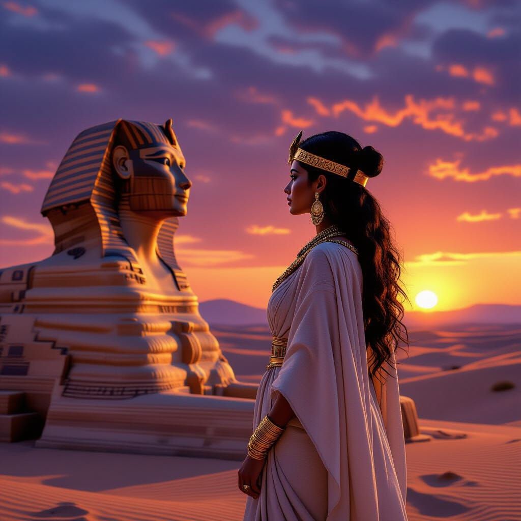An ancient Egyptian woman stands before the Great Sphinx at sunset.