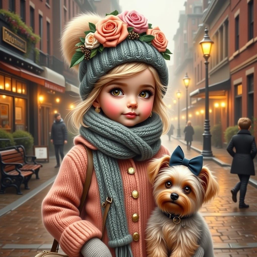 <lora:Expressive eyes:1.0>A whimsical illustration depicts a young girl standing prominently in the center of a misty, rain-slicked street,...