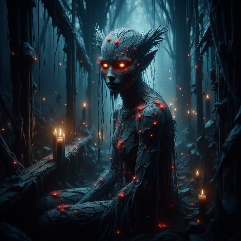 <lora:-Omnious-:1.0>  Whimsical atmosphere ▪ Enchanted forest setting ▪ Scarecrow figure with glowing eyes and a fabric head ▪ Playful compo...