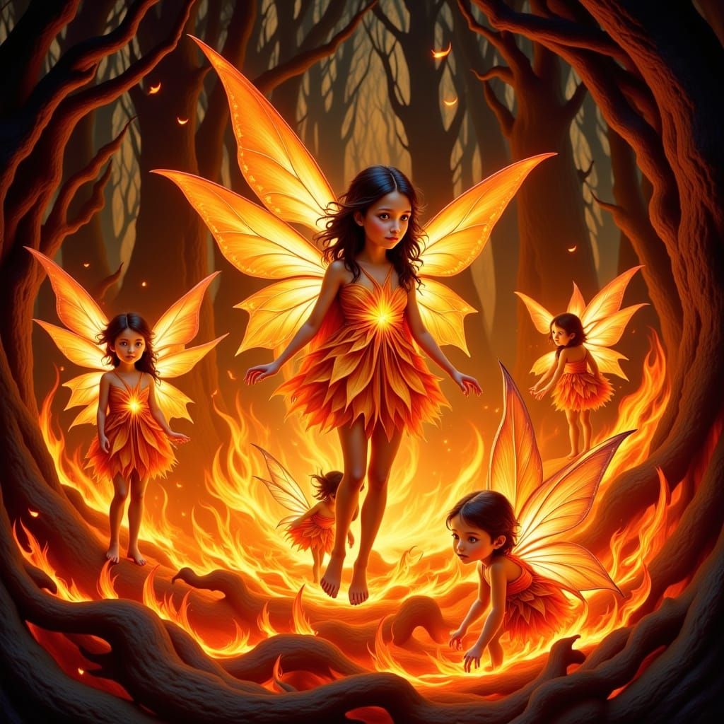 <lora:Flame Dusklings:1.0> Fire fairy folk frolic in a blaze
