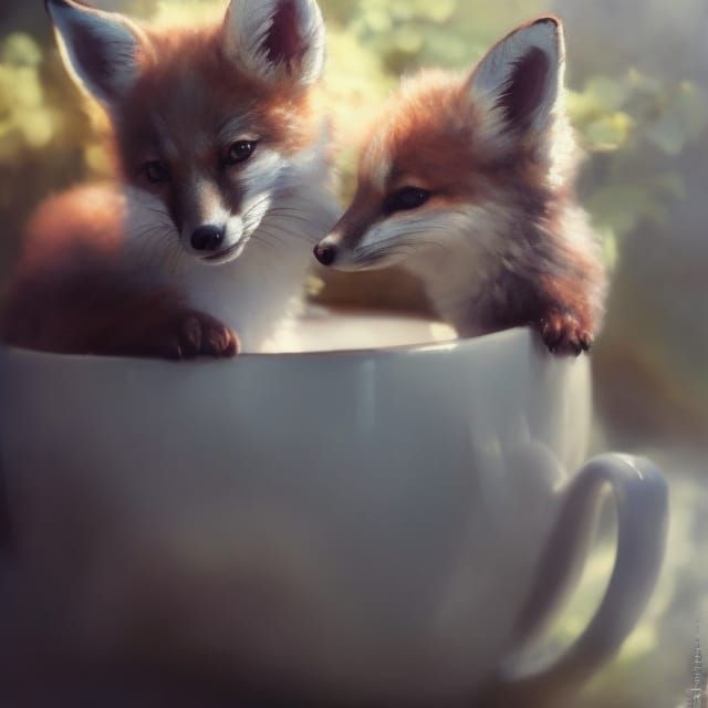 the shot of a baby fox
 in a tea cup wearing japanese street...