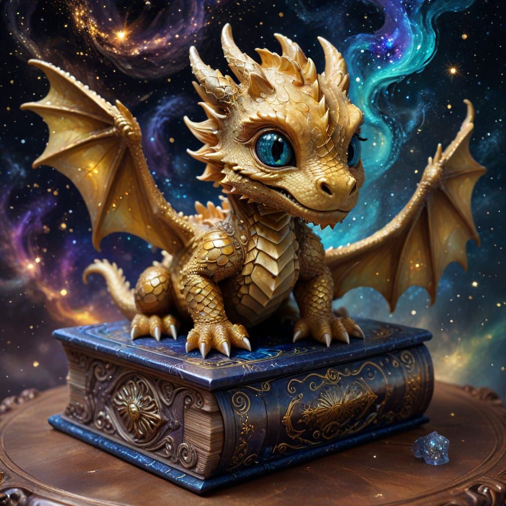 A baby dragon, scales shimmering like burnished gold, curls protectively around a small, intricately ...  by @Kael