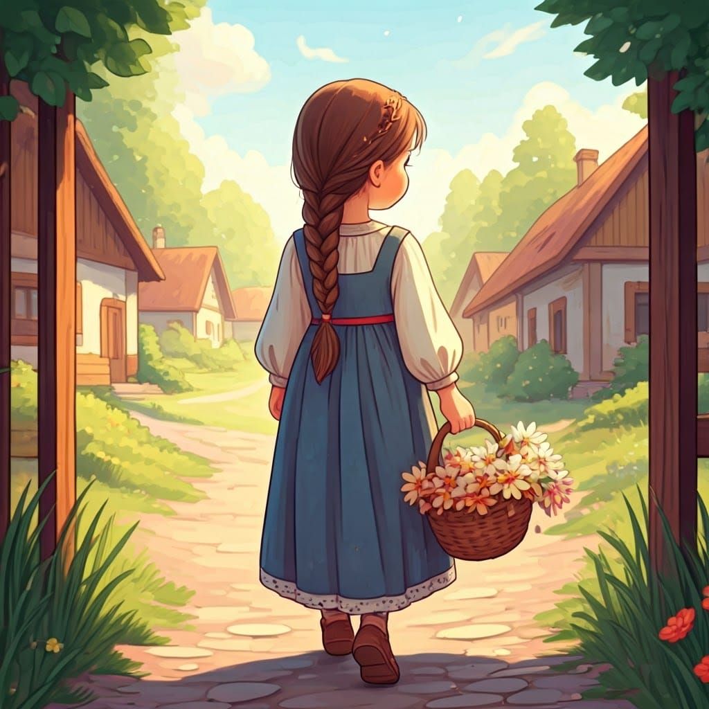 Little Girl in Traditional Village Attire with Flowers