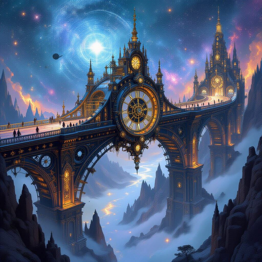 A colossal, ancient bridge constructed from intricate clockwork mechanisms spans a cosmic river of stars. Ornate gothic architecture blends ...