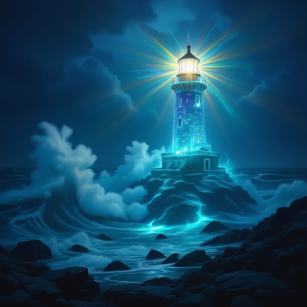 Beautiful mermaid gazes at glowing crystal lighthouse during fierce tempest  - Start Image 1
