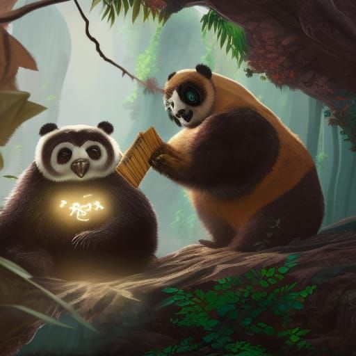 owl and panda fighting with  each other