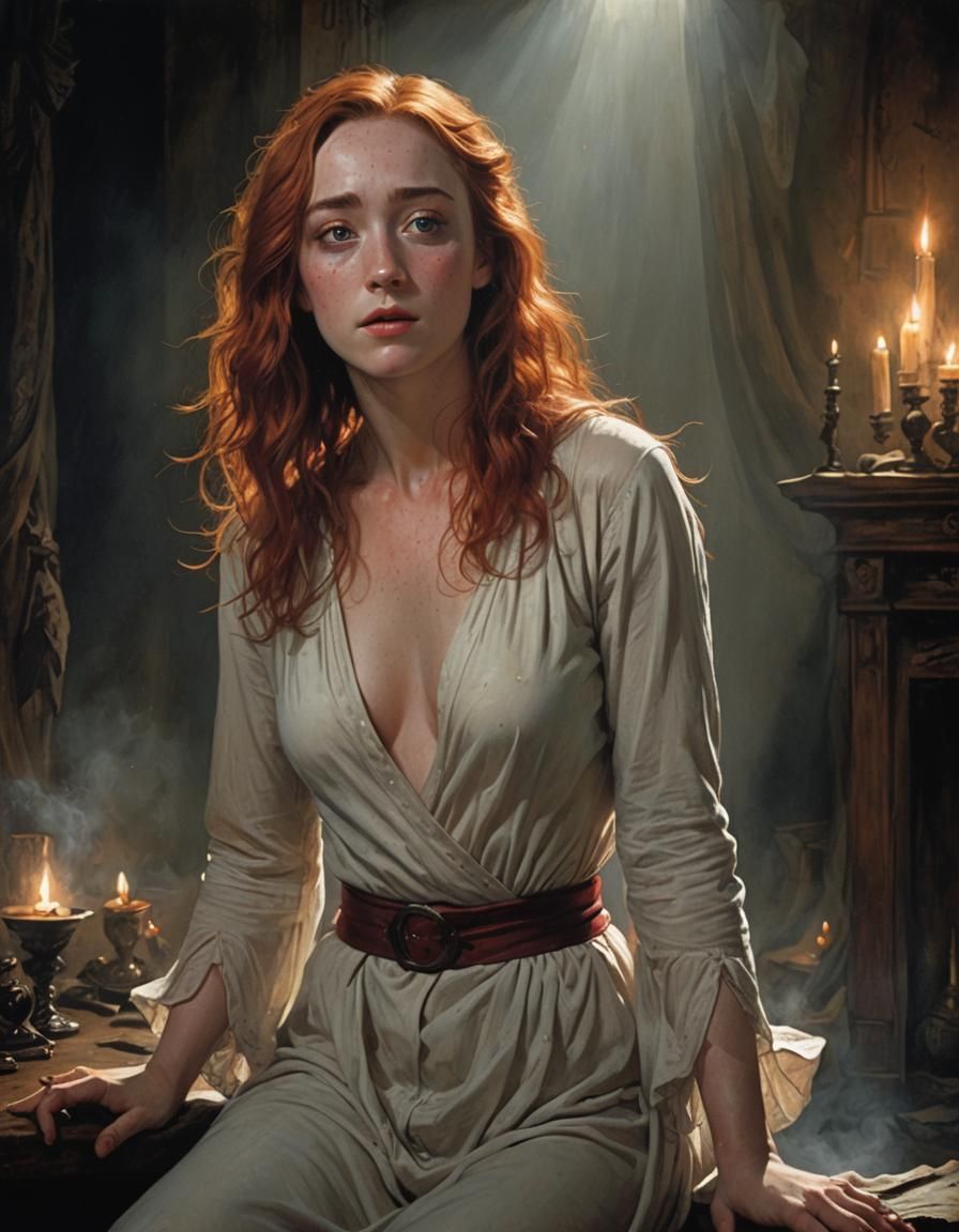 Redhead Undressing in Candlelight: A Fantasy Art Piece
