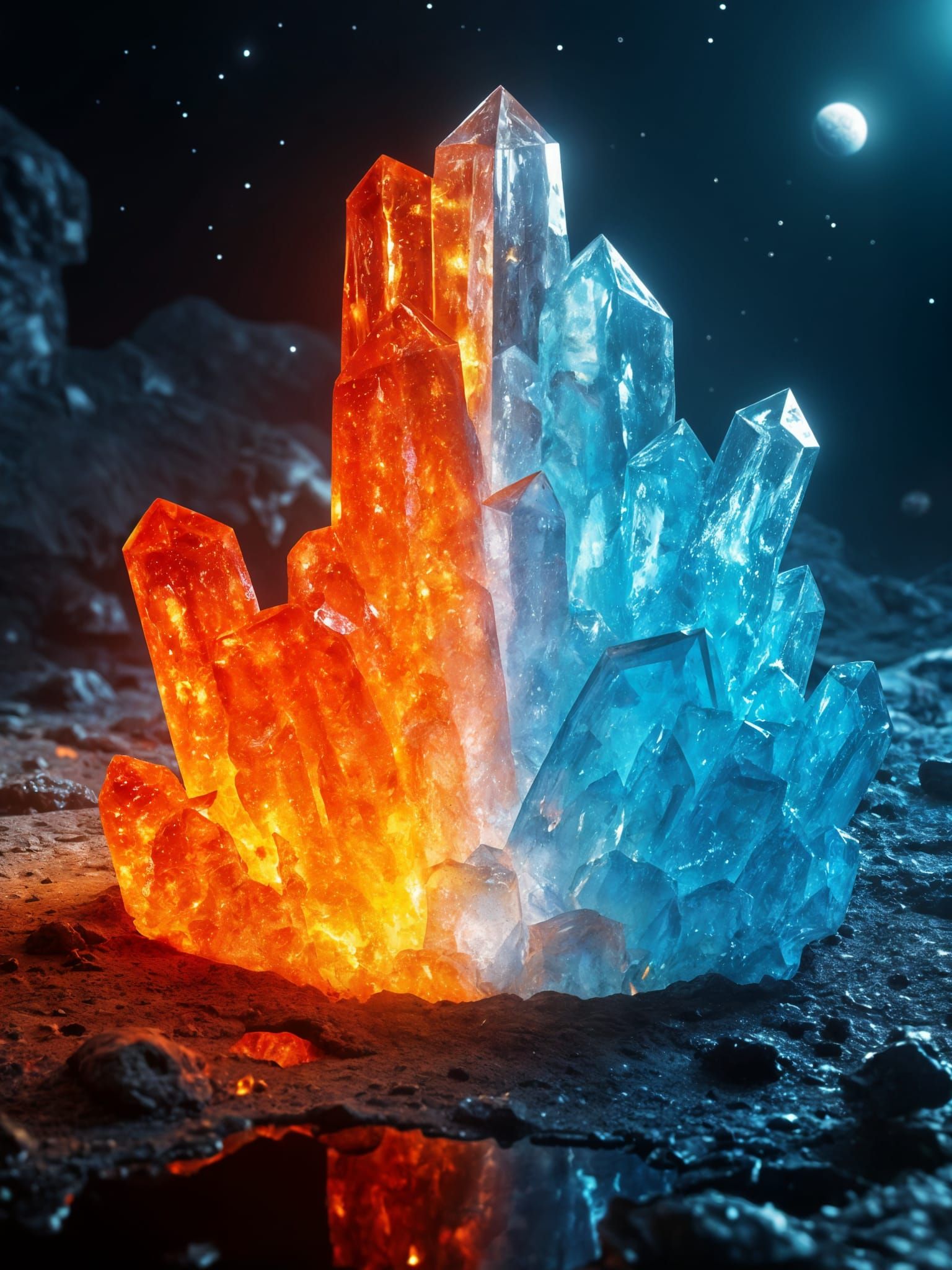 <lora:Space Gems:1.3> A single cinematic scene split exactly in half by a perfectly symetrical straight vertical line in the center. One geo...