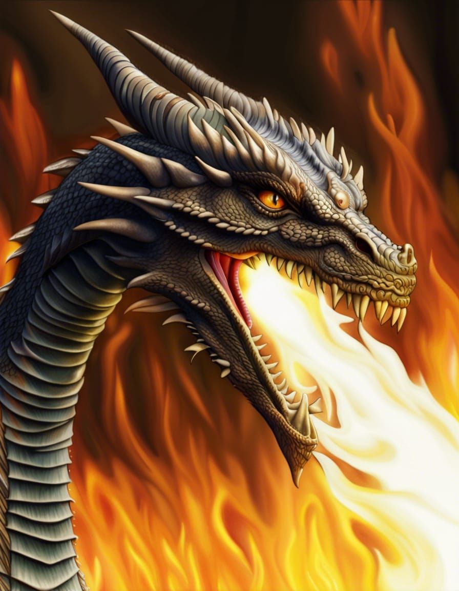 dragon, breathing fire, detailed eye, photorealistic, realistic ...