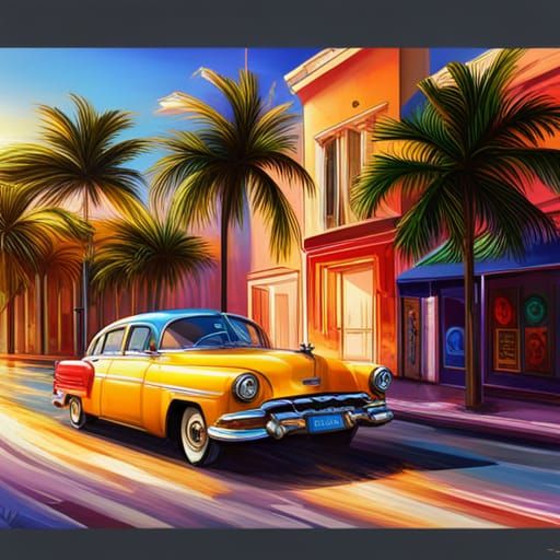 Cuban street, colourful, palm trees, sunshine, warm colours,  cuban style ...  by @19ck3d79