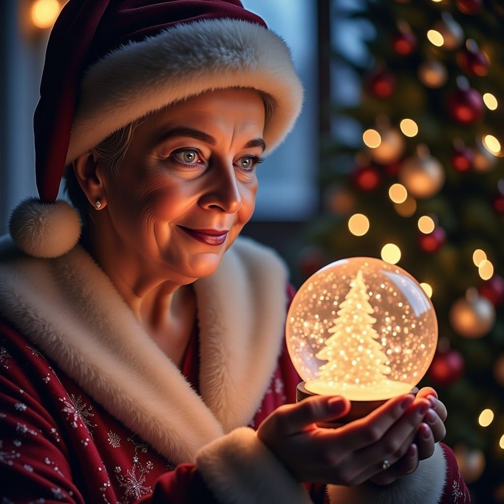 Woman <lora:Me:1.1> Mrs.Santa looking into a glowing Snowglo...