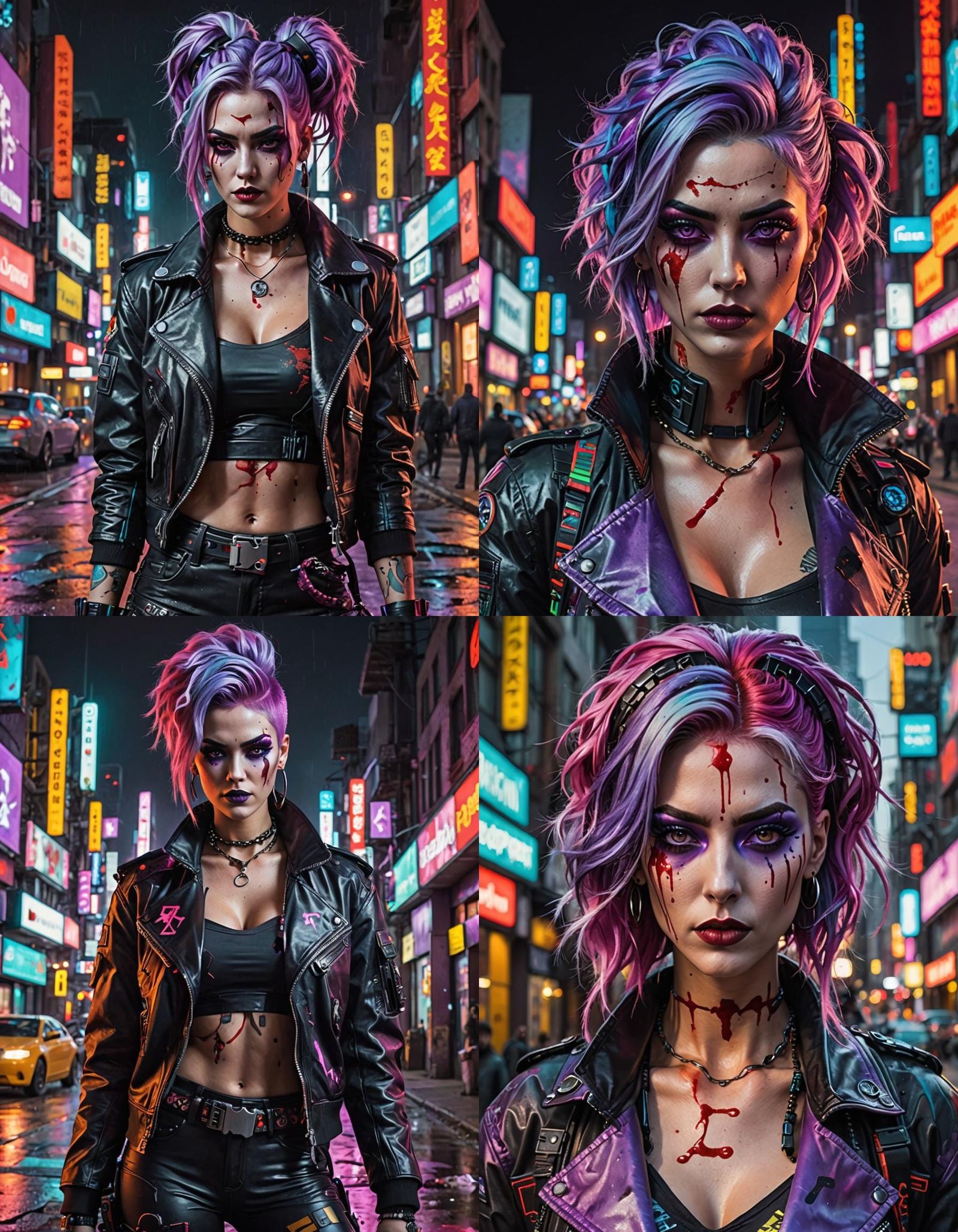 full-length bloody neon Cyberpunk portrait of gorgeous woman...