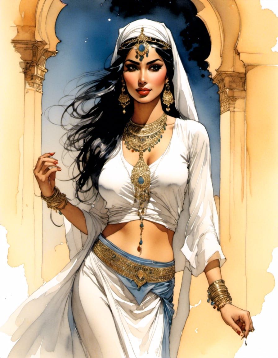 gorgeous arabian girl in arabian dress<lora:Dark Soft Comic:1.0> comic art