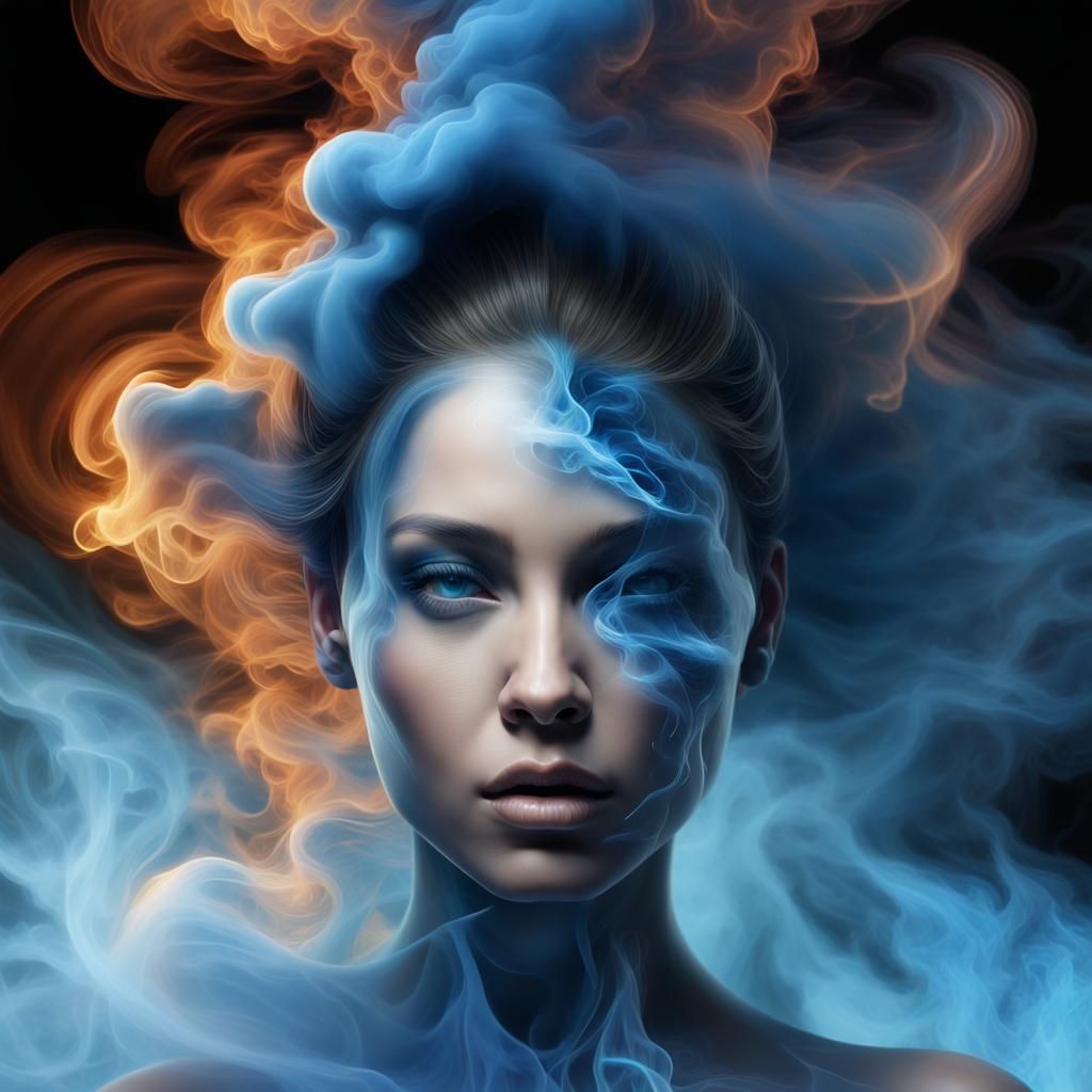 An image of a woman, digital art techniques. The artwork features blue ...