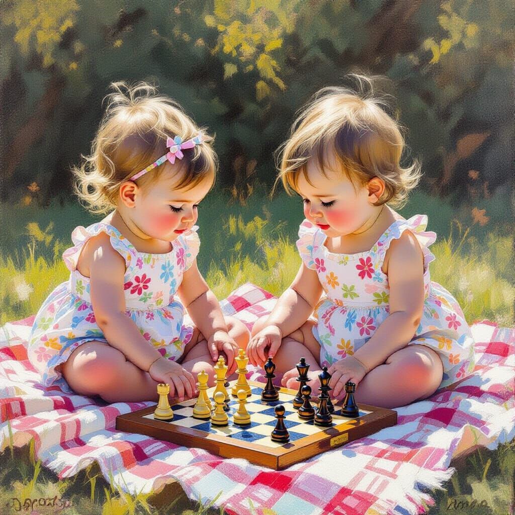 Babies Playing Chess Outdoors in Impressionistic Style