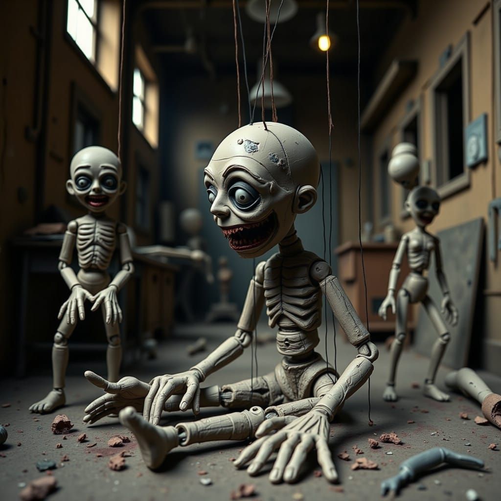 "A half-formed marionette, sculpted from rough, uneven clay, sits hunched over in the middle of a decaying workshop, sewing itself together ...