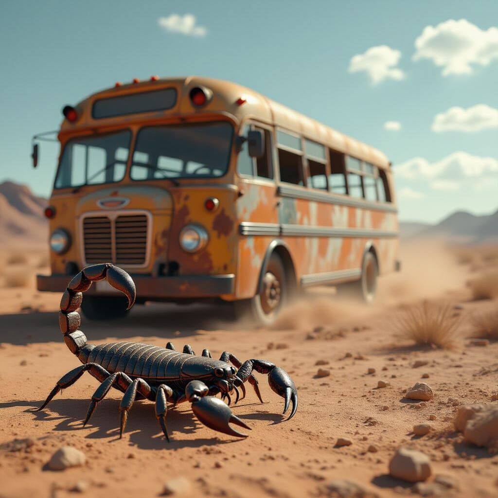  scorpion's hunger is palpable, a silent force pushing it forward through the desolate expanse. It passes the skeletal remains of a rusted-o...