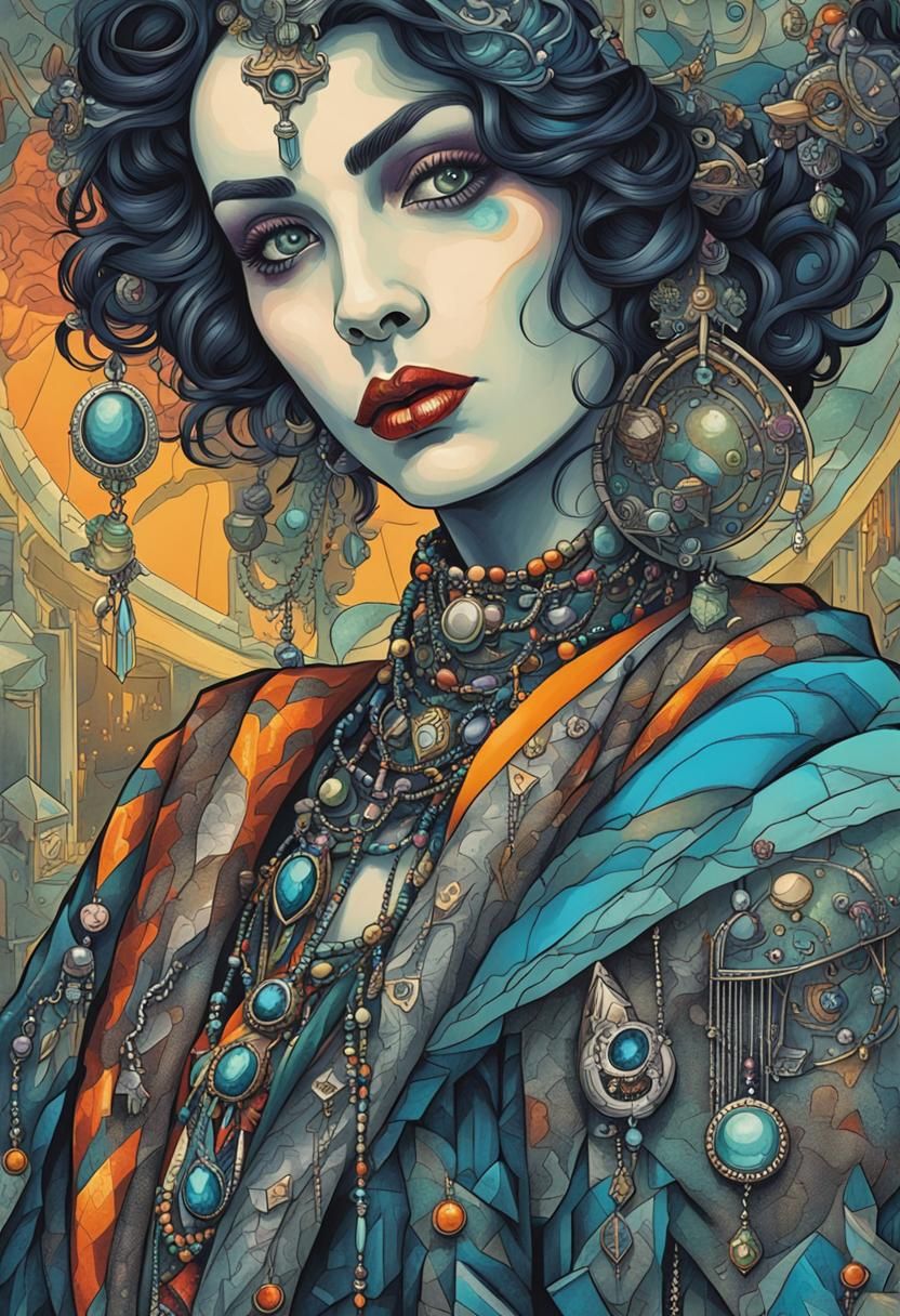 portrait of a beautiful woman wearing intricately detailed c...