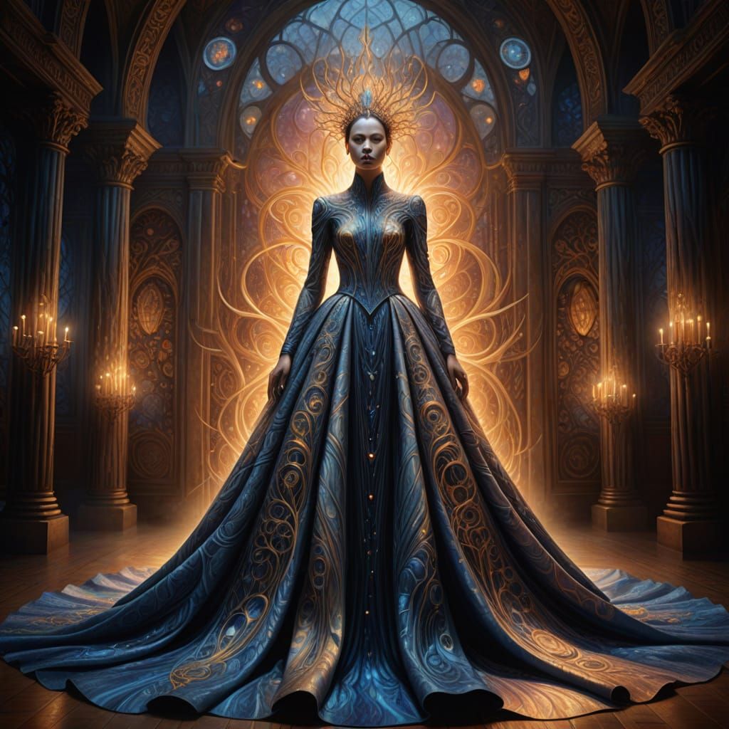 A magnificent, elaborate gown crafted from pure, ethereal light and glowing abstract energy patterns, interwoven with shimmering symbols of ...