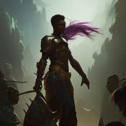 a boy with rainbow hair, and who has dark skin, and who is w...