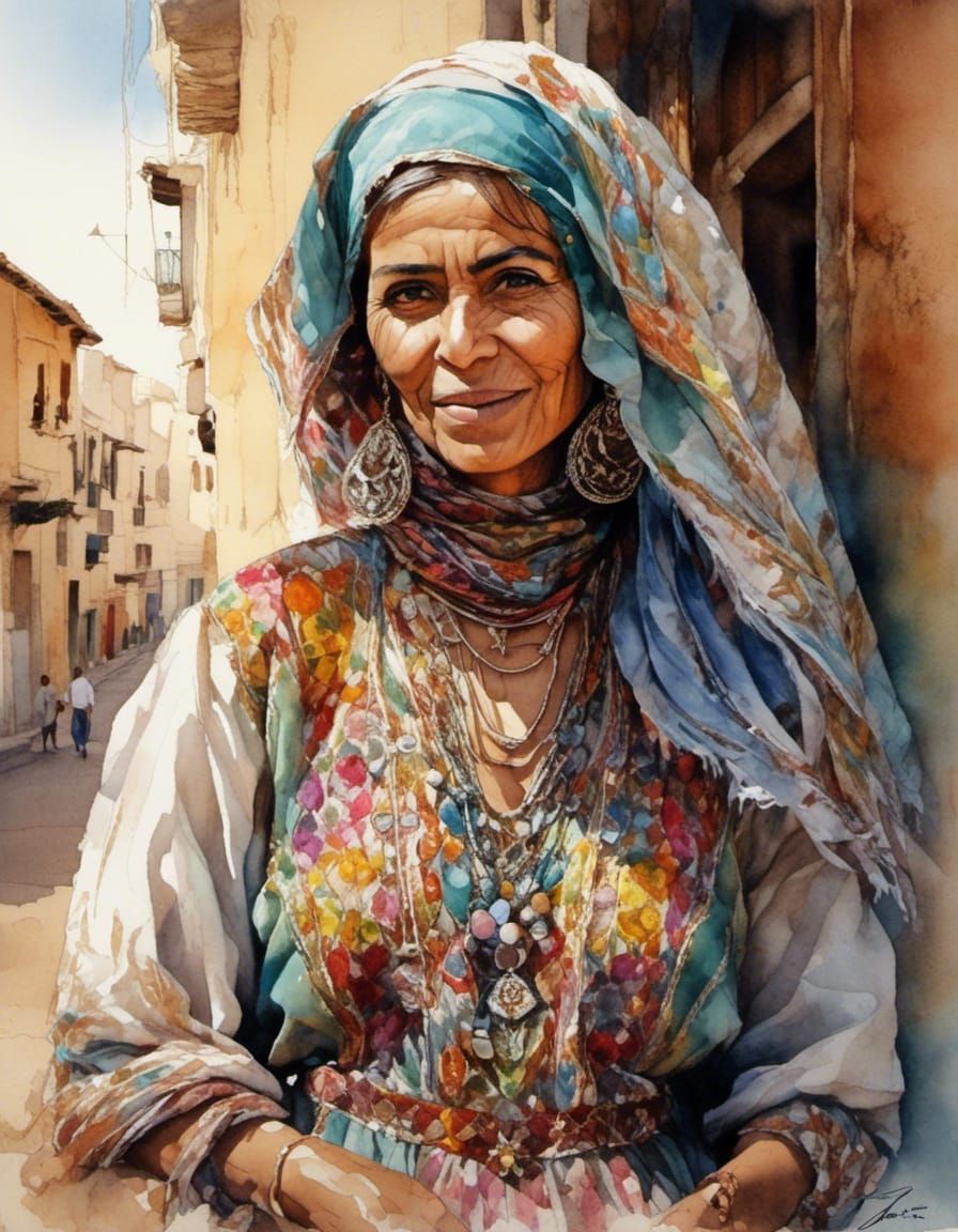 Moroccan woman in embroidered dress, <lora:NC Hyperreal:1.0>...
