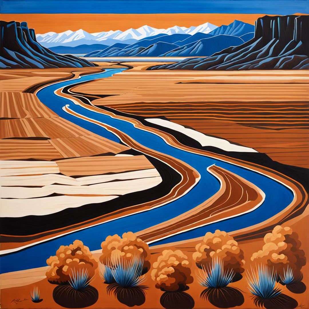 a surreal precisionist rule-of-thirds painting of the Rio Chama Valley ...