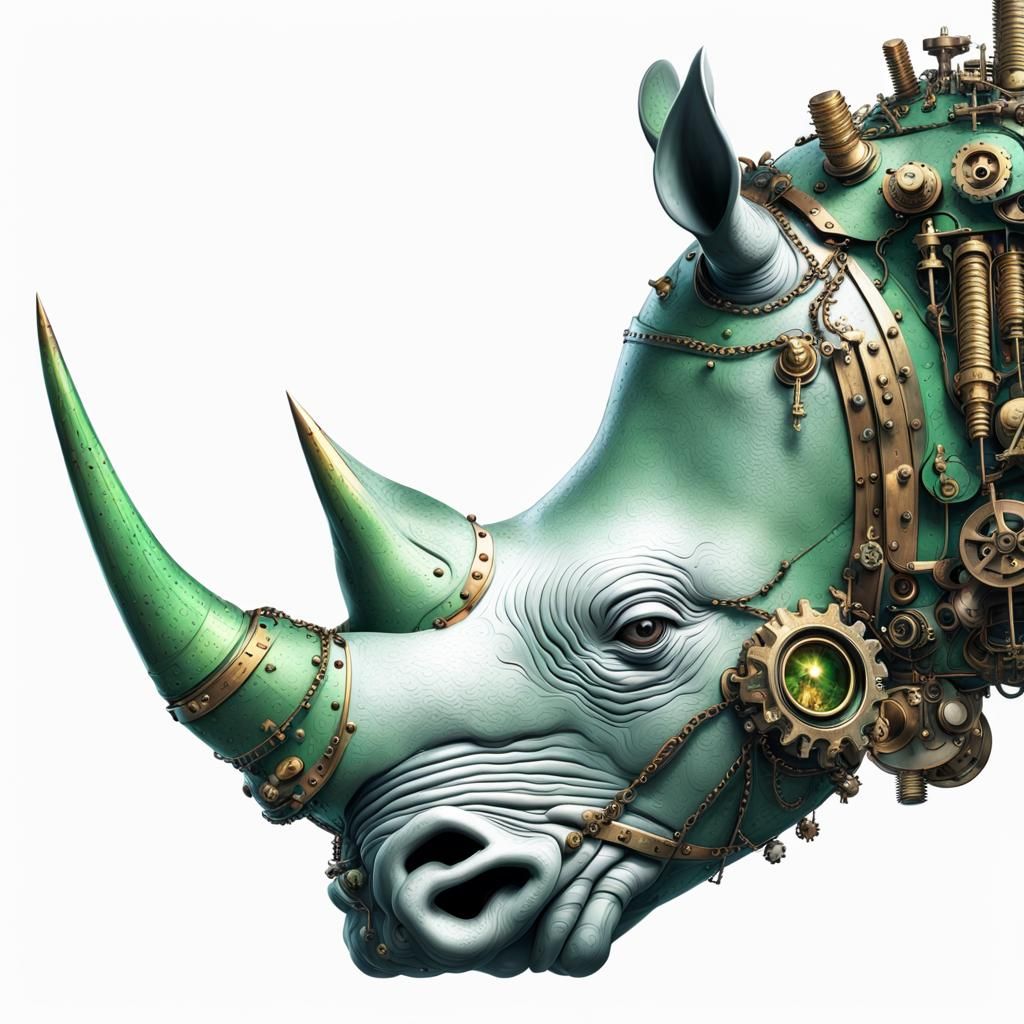 Rhinoceros, steampunk, brass nuts and bolts | Glowing green ...