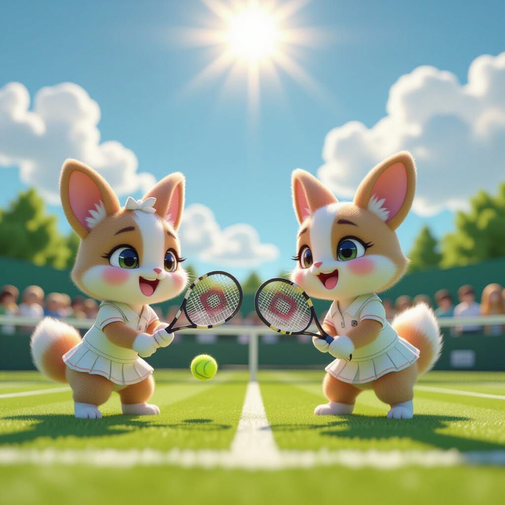Cute miniature animals playing for the Wimbledon open. One group is winning with happy smiles and the other team is losing and is very sad. ...