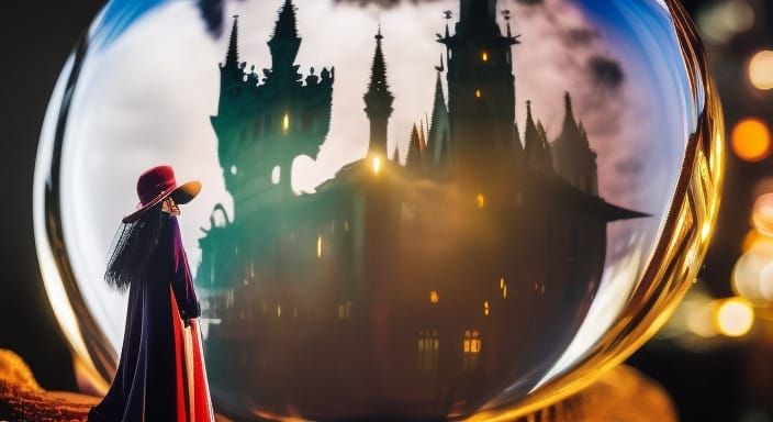 Evil witch looks at City inside crystal ball