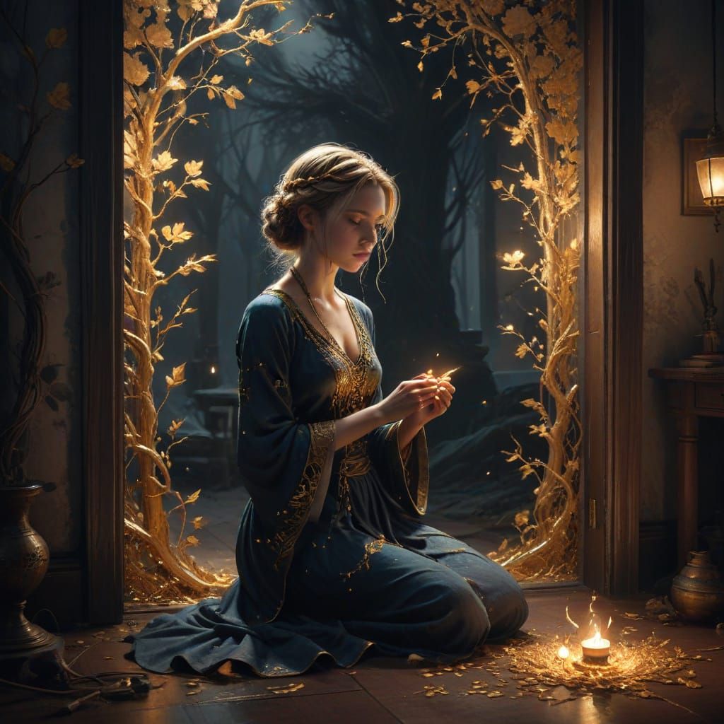 A Seamstress Weaves Shadows into a Glowing Door in a Dimly L...