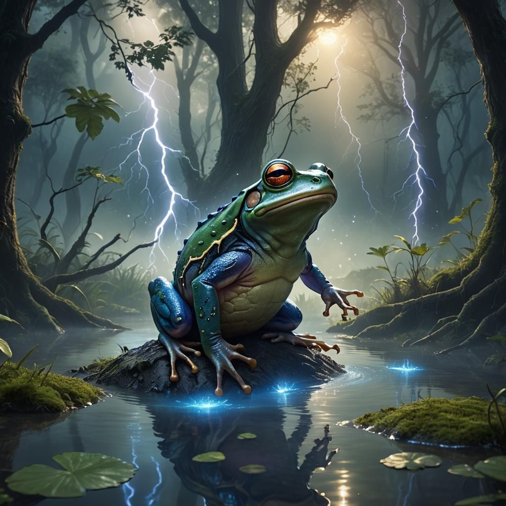 Mystical Forest Frog Struck by Lightning in Fantasy Art