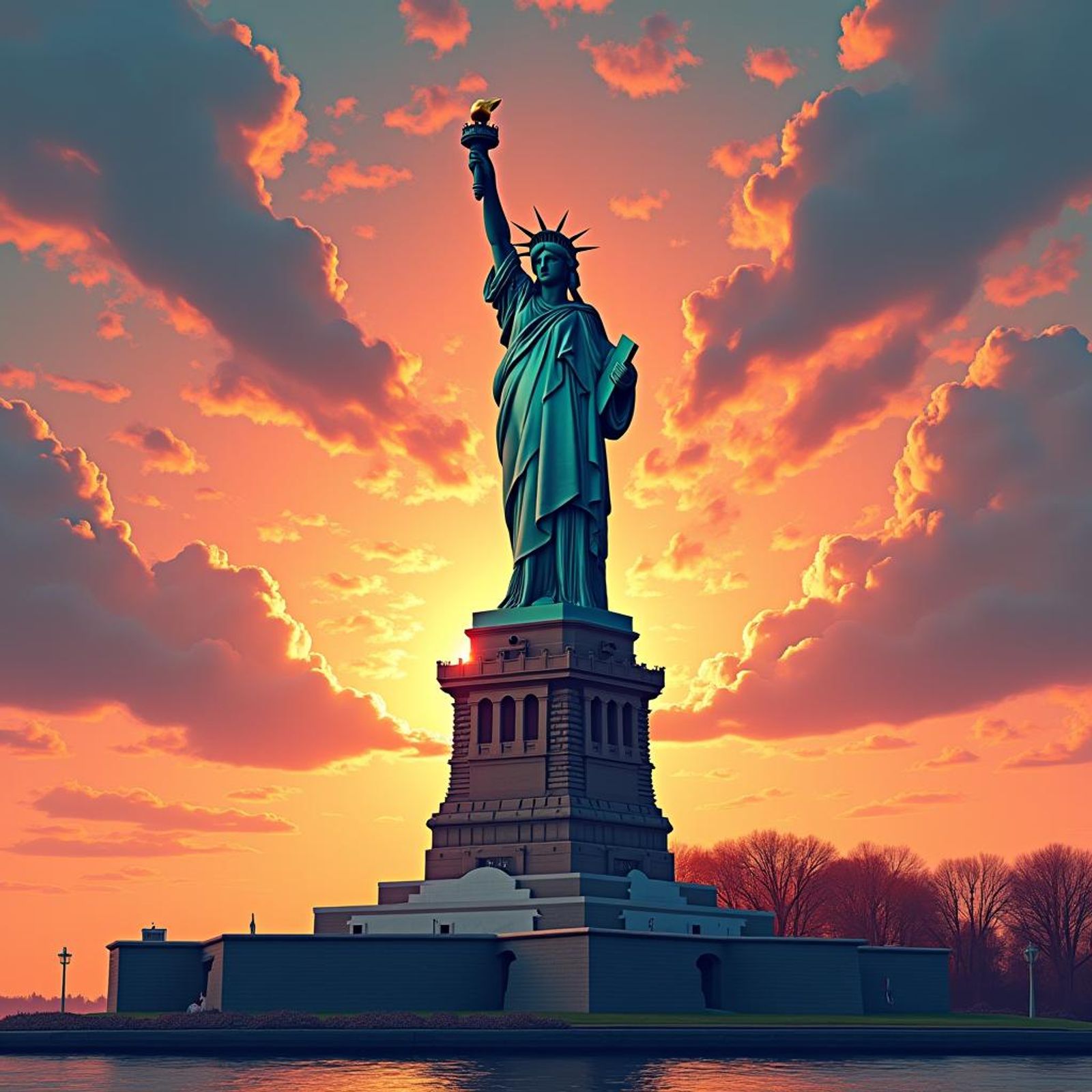 create an illustration of the iconic statue of liberty in sunset high