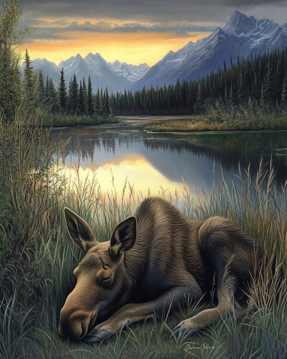 Sleeping Moose by the Lake